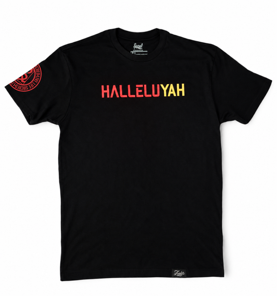 HalleluYAH black unisex tee with red and gold lettering, red Sacred sleeve logo, and Zeph 1:8 hem tag