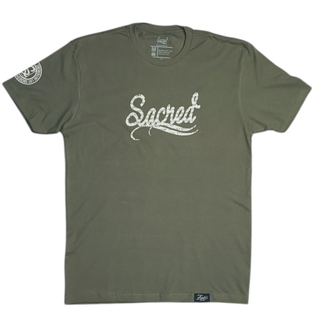 Sacred Inscribed | Army Green and White