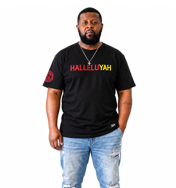 Twink wearing the HalleluYAH black tee with red and gold lettering