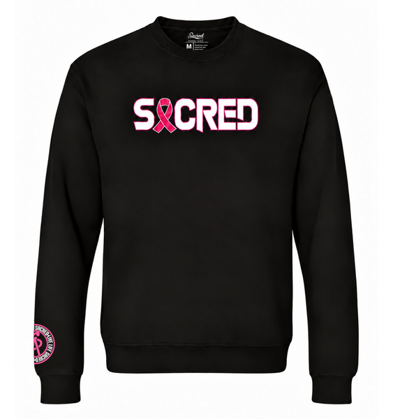 Sacred Fight Cancer black crewneck front with pink ribbon SACRED design and original pink and white sleeve logo